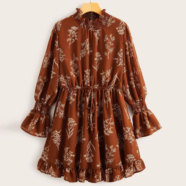 

Plus Plants Print Shirred Detail Chiffon Dress, Rust brown