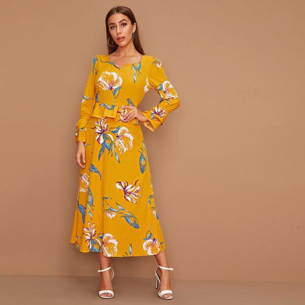 

Floral Print Notched Collar Peplum Dress, Yellow