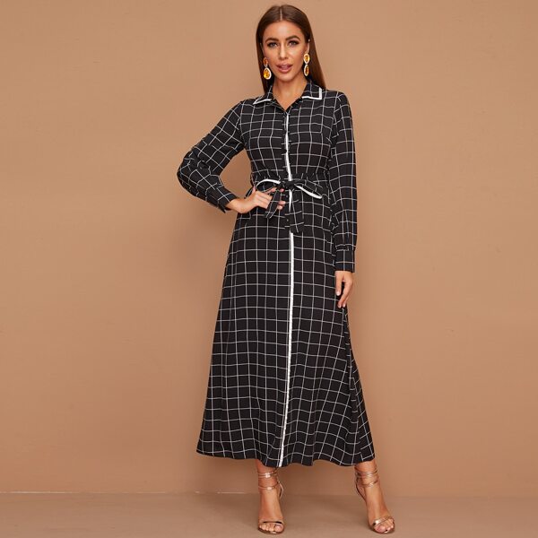 

Plaid Print Contrast Binding Belted Shirt Dress, Black
