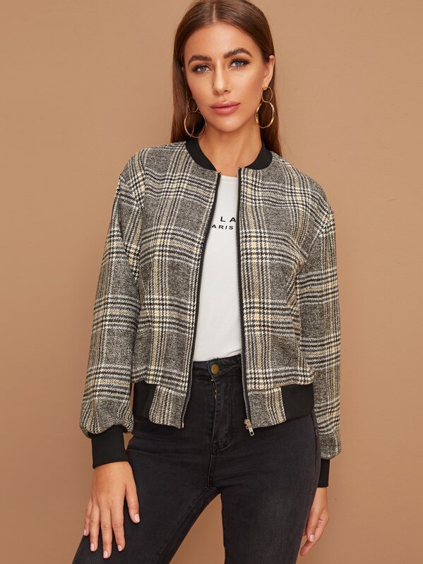 

Plaid Print Tweed Bomber Jacket, Multicolor, Hanna