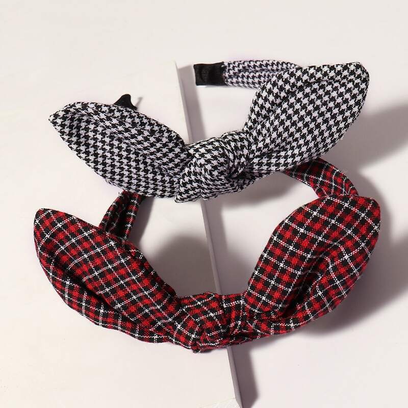 

2pcs Houndstooth Pattern Bow Knot Decor Headband, Multicolor