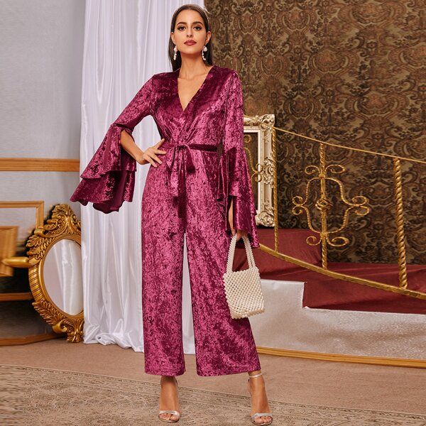 

Surplice Front Split Sleeve Belted Velvet Jumpsuit, Burgundy