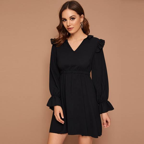 

Frill Trim Flounce Sleeve A-line Dress, Black