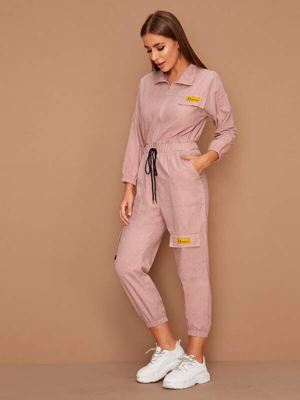 

Letter Patched Gathered Waist Utility Jumpsuit, Pink, Hanna