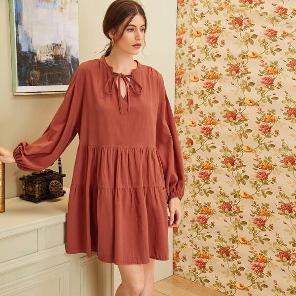 

Tie Neck Bishop Sleeve Babydoll Dress, Red