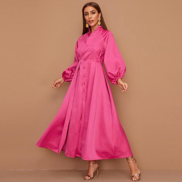 

Solid Lantern Sleeve Pleated Satin Coat, Pink bright