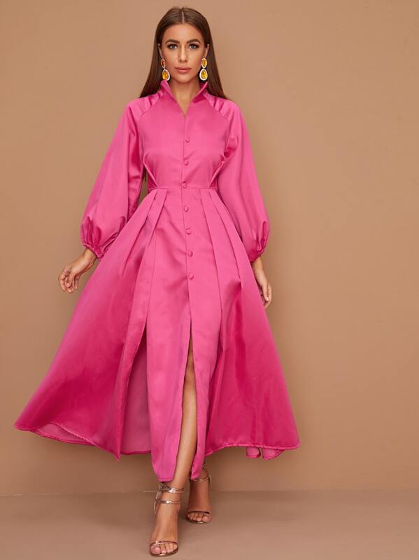 

Solid Lantern Sleeve Pleated Satin Coat, Pink, Hanna
