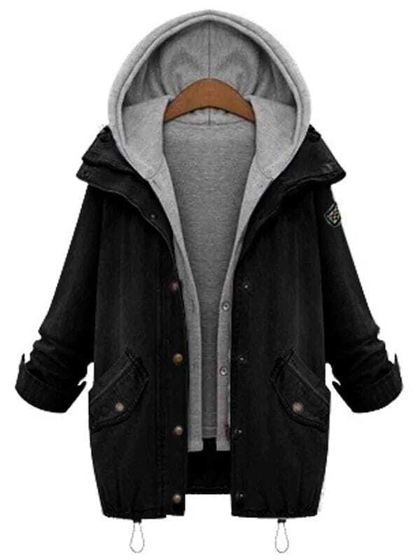 

Plus Drawstring Hem Denim Coat With Hooded Vest, Multicolor