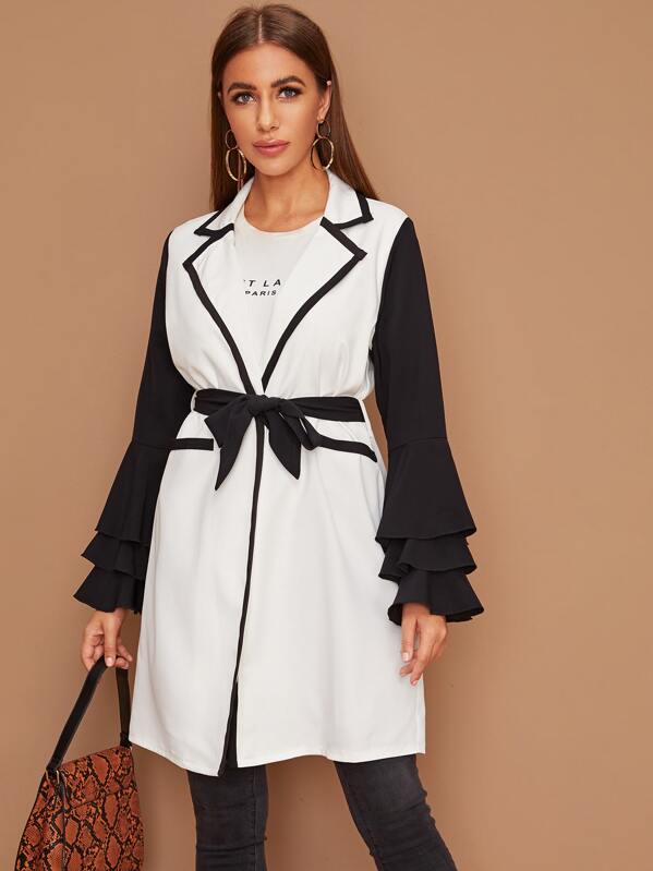 Two Tone Piping Trim Belted Coat, Black and white, Hanna