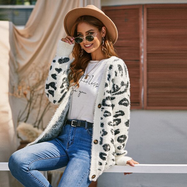 

Allover Graphic Fluffy Knit Mohair Cardigan, Black and white