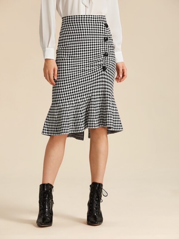 

Houndstooth Button Front Mermaid Sweater Skirt, Black and white, Denisa
