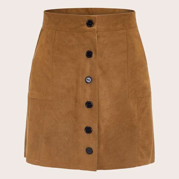

Button Front Suede Straight Skirt, Camel