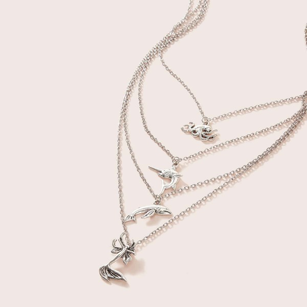 

1pc Marine Life Pendant Layered Necklace, Silver