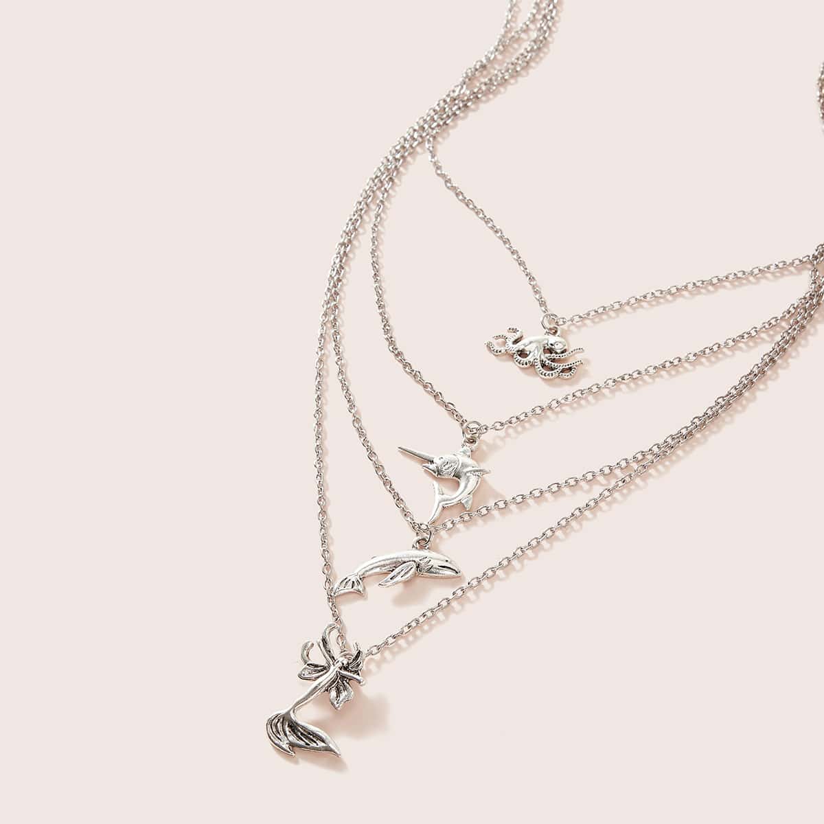 

1pc Marine Life Pendant Layered Necklace, Silver