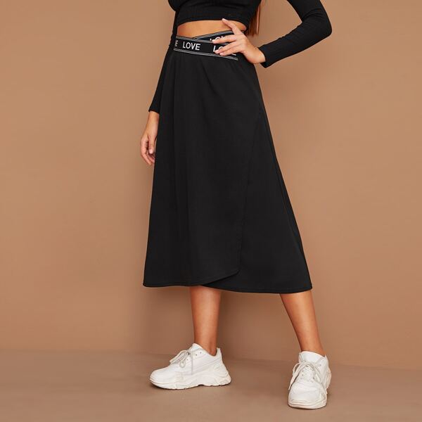 

Letter Tape Surplice Front Skirt, Black