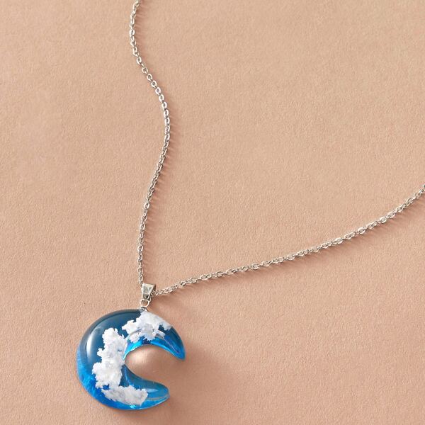 

1pc Snowflake Embedded Moon Pendant Necklace, Blue