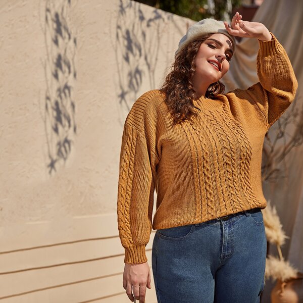 

Plus Cable Knit Drop Shoulder Sweater, Yellow