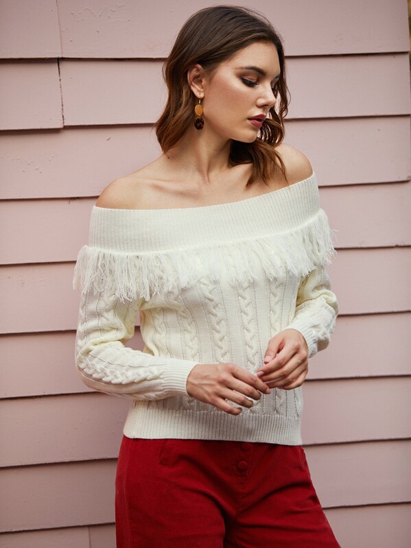 

Off The Shoulder Fringe Trim Sweater, White, Vlada