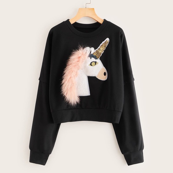 

Unicorn Print Contrast Faux Fur Sweatshirt, Black