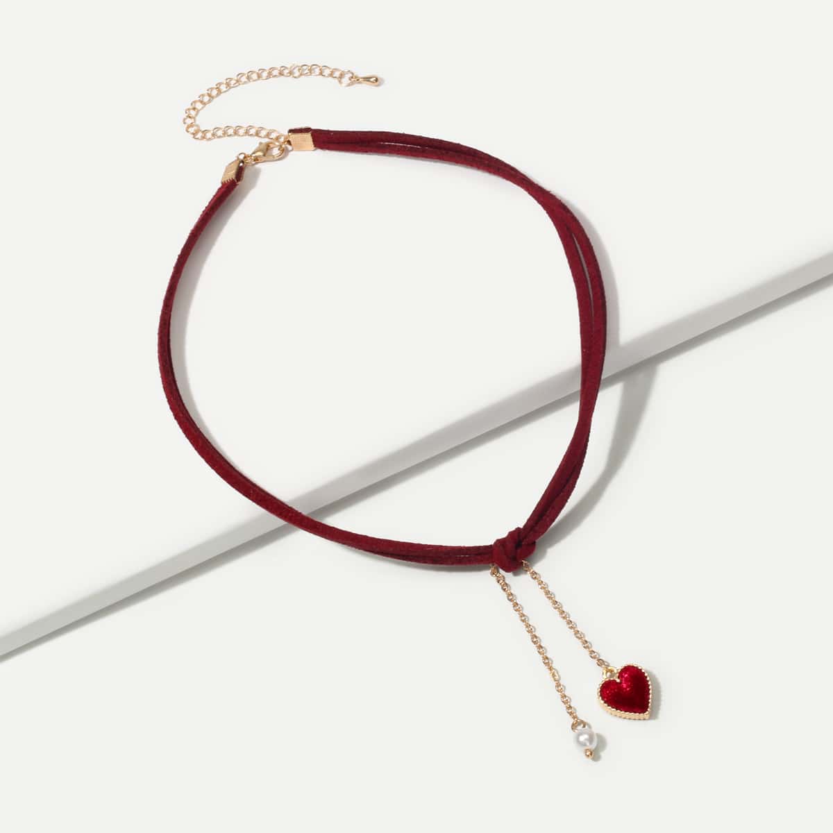

1pc Heart & Faux Pearl Charm Necklace, Red