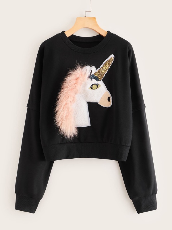 

Unicorn Print Contrast Faux Fur Sweatshirt, Black