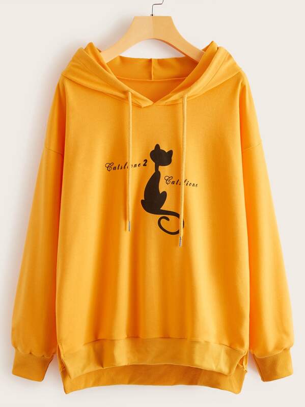 

Cartoon Print Split Side Drawstring Hoodie, Yellow
