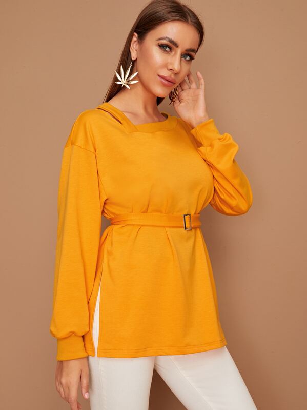 

Split Side Asymmetrical Neck Buckle Belted Sweatshirt, Yellow, Hanna