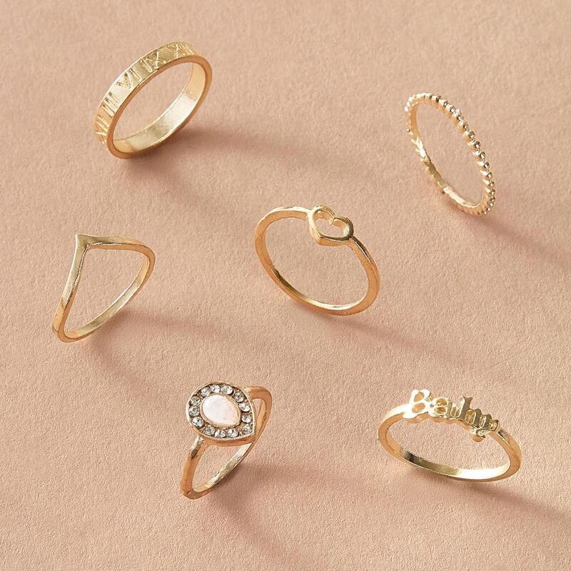 

6pcs Rhinestone Decor Ring, Gold