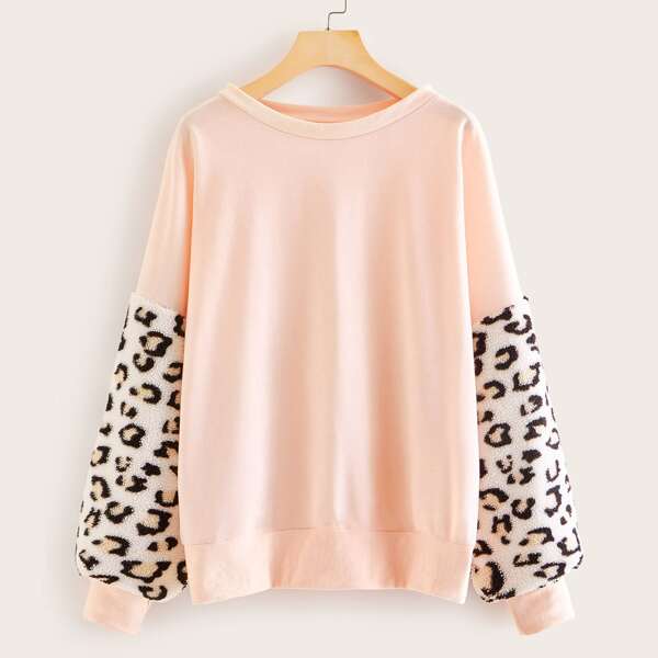 

Leopard Print Contrast Faux Fur Sweatshirt, Pink