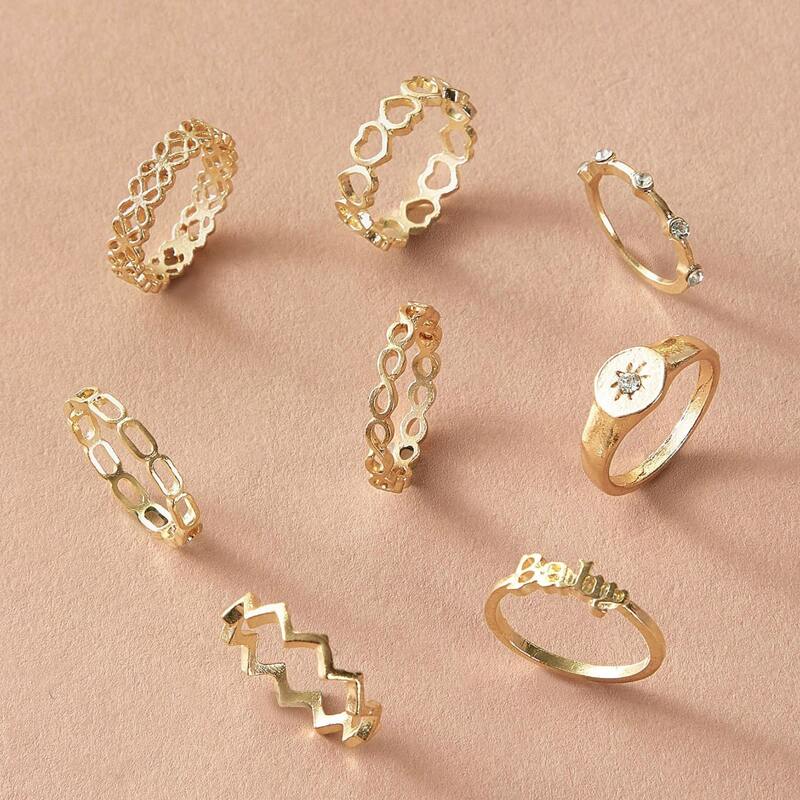 

8pcs Rhinestone Decor Chevron Ring, Gold
