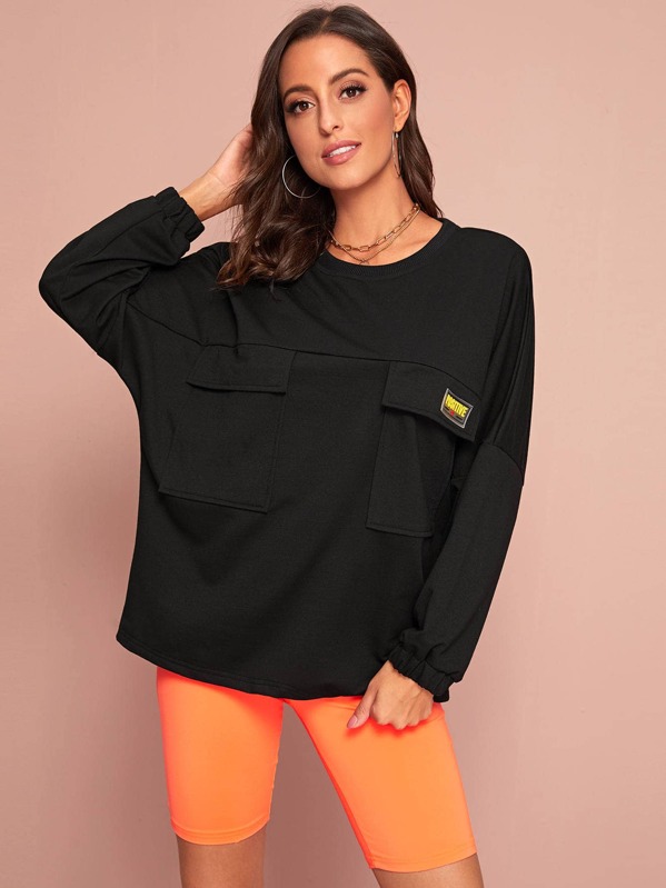 

Letter Patched Flap Pocket Sweatshirt, Black, Mary P.
