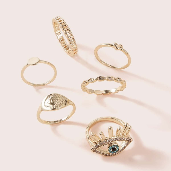 

6pcs Rhinestone & Heart Decor Ring, Gold