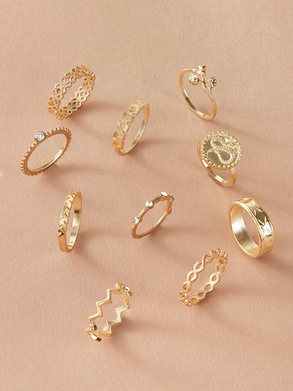 

10pcs Rhinestone Decor Chevron Ring, Gold