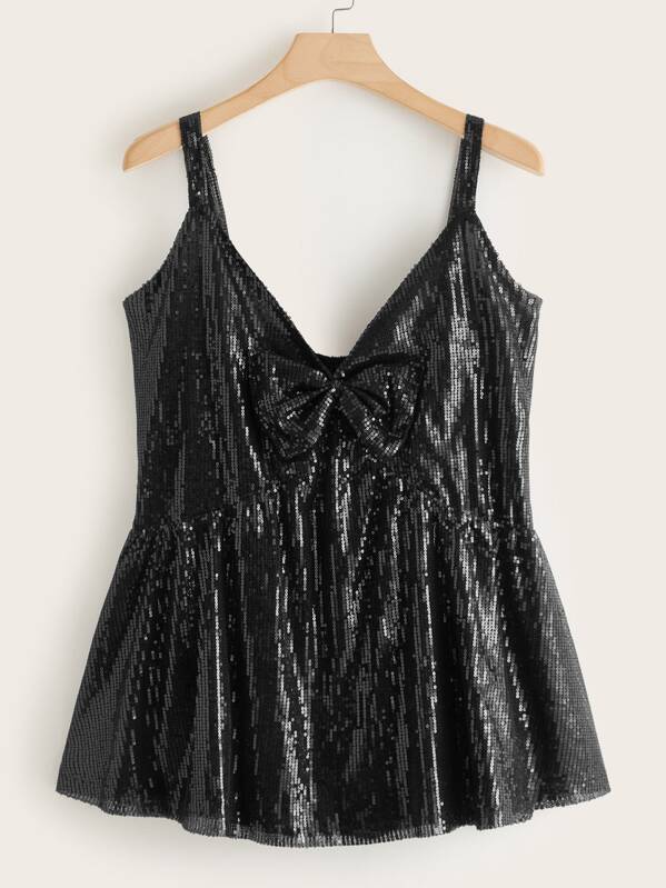 

Plus Bow Front Sequin Peplum Cami Top, Black