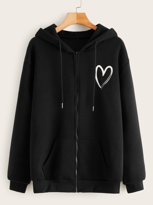 

Heart Print Zip Up Drawstring Hoodie, Black