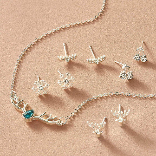 

1pc Antlers Pendant Necklace & 4pairs Stud Earrings