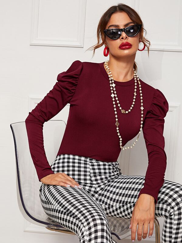 

Round Neck Puff Sleeve Tee, Burgundy, Andy
