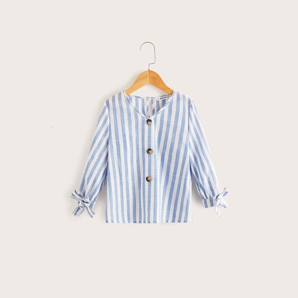 

Girls Button Detail Knot Cuff Striped Top, Pastel blue and white