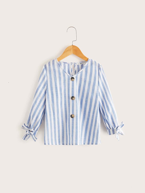 

Girls Button Detail Knot Cuff Striped Top, Blue