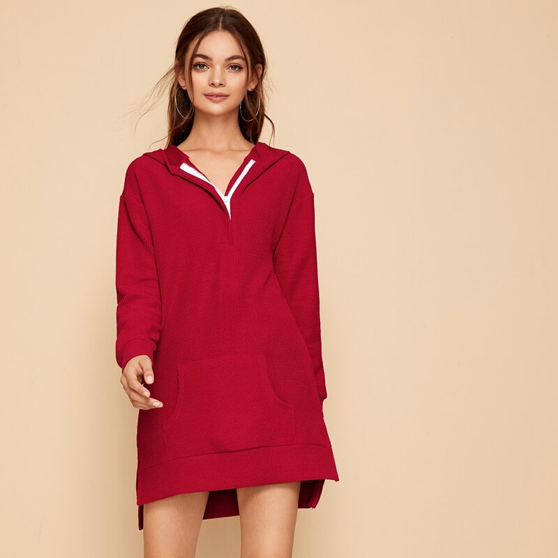 

Split Side Ribbed Zip Front Hooded Sweatshirt Dress, Red