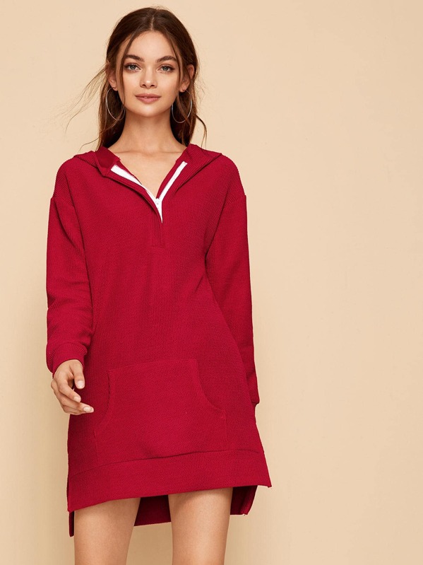 

Split Side Ribbed Zip Front Hooded Sweatshirt Dress, Red, Vivien