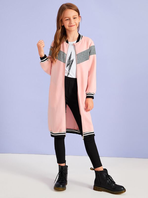 

Girls Marled Panel Striped Trim Bomber Jacket, Pink, Sashab