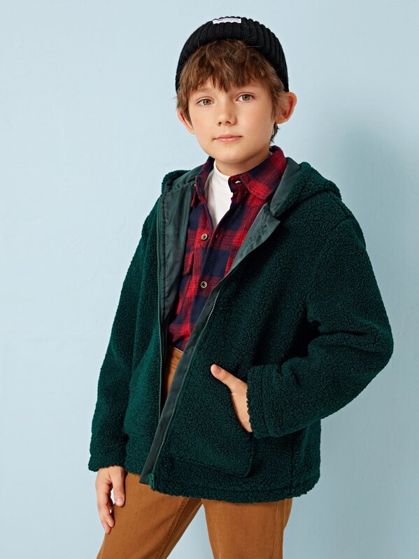

Boys Patch Pocket Zipper Up Hooded Teddy Jacket, Green, Bogdan