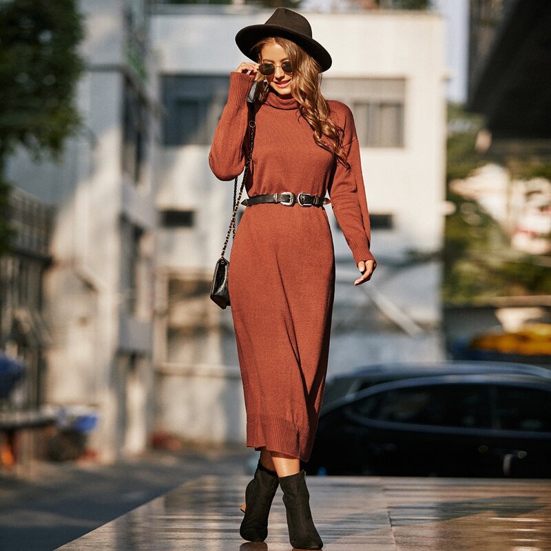 

High Neck Drop Shoulder Longline Sweater Dress, Burnt orange