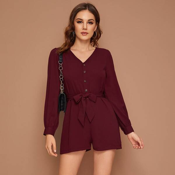 

V Neck Button Front Self Tie Romper, Burgundy