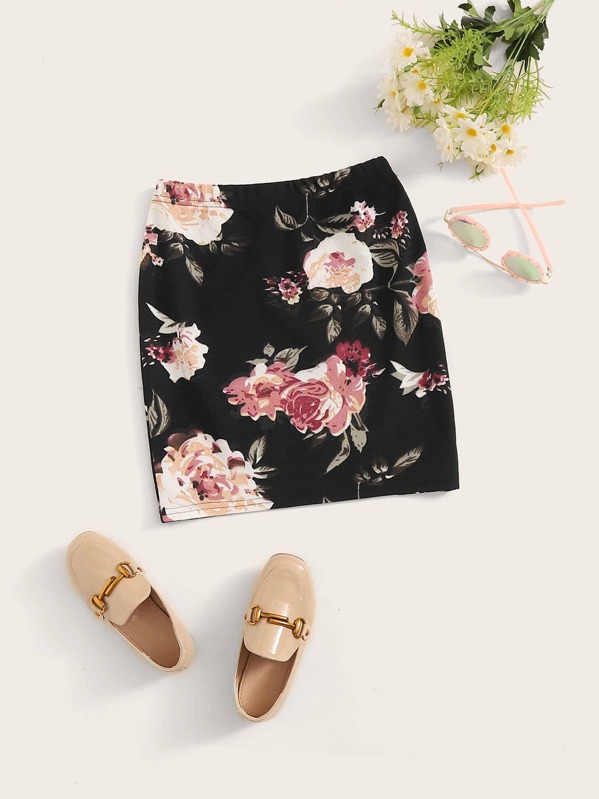 

Girls Floral Print Elastic Waist Skirt, Black