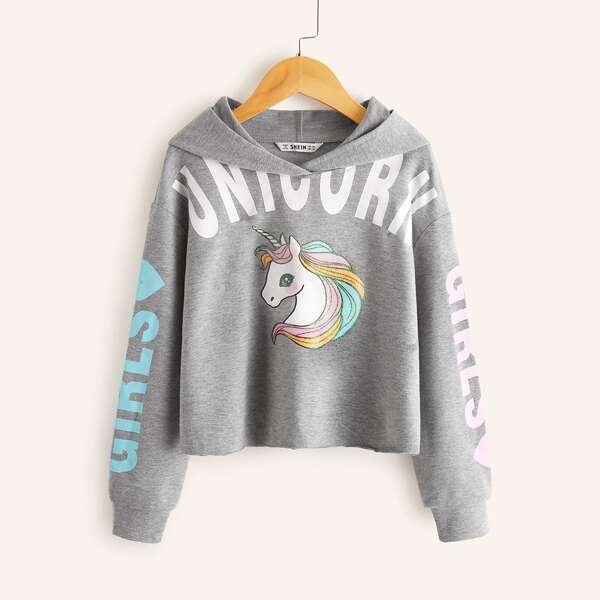 

Girls Unicorn Graphic Hoodie, Grey