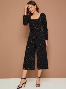 SHEIN Clasi 方形領波卡圓點腰帶寬管褲連身長褲 - 黑色 - 查看 1