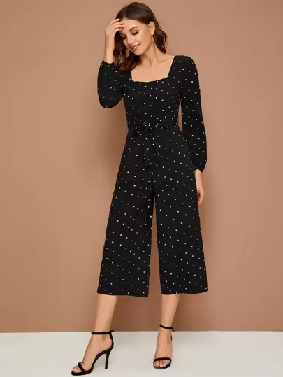 SHEIN Clasi Square Neck Polka Dot Belted Culotte Jumpsuit