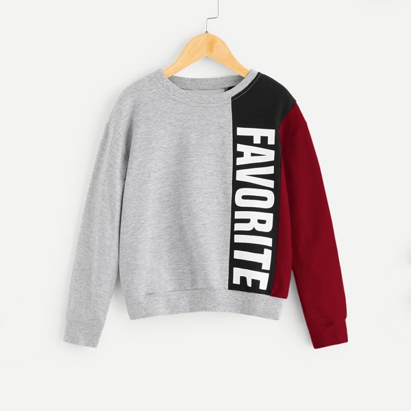 

Girls Letter Tape Colorblock Pullover, Grey